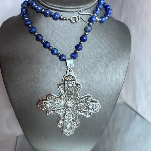 Maltese Cross Sterling Silver 30" Lapis Lazuli Necklace 925 Tahitian Pearls - Picture 6 of 9